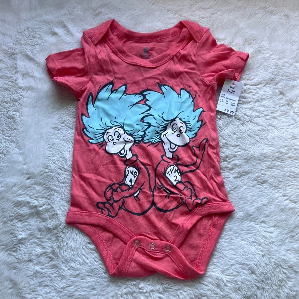 Dr Seuss Thing 1 Thing 2 Coral Pink Baby Bodysuit Size 12M IF6552DSJ1269 NWT